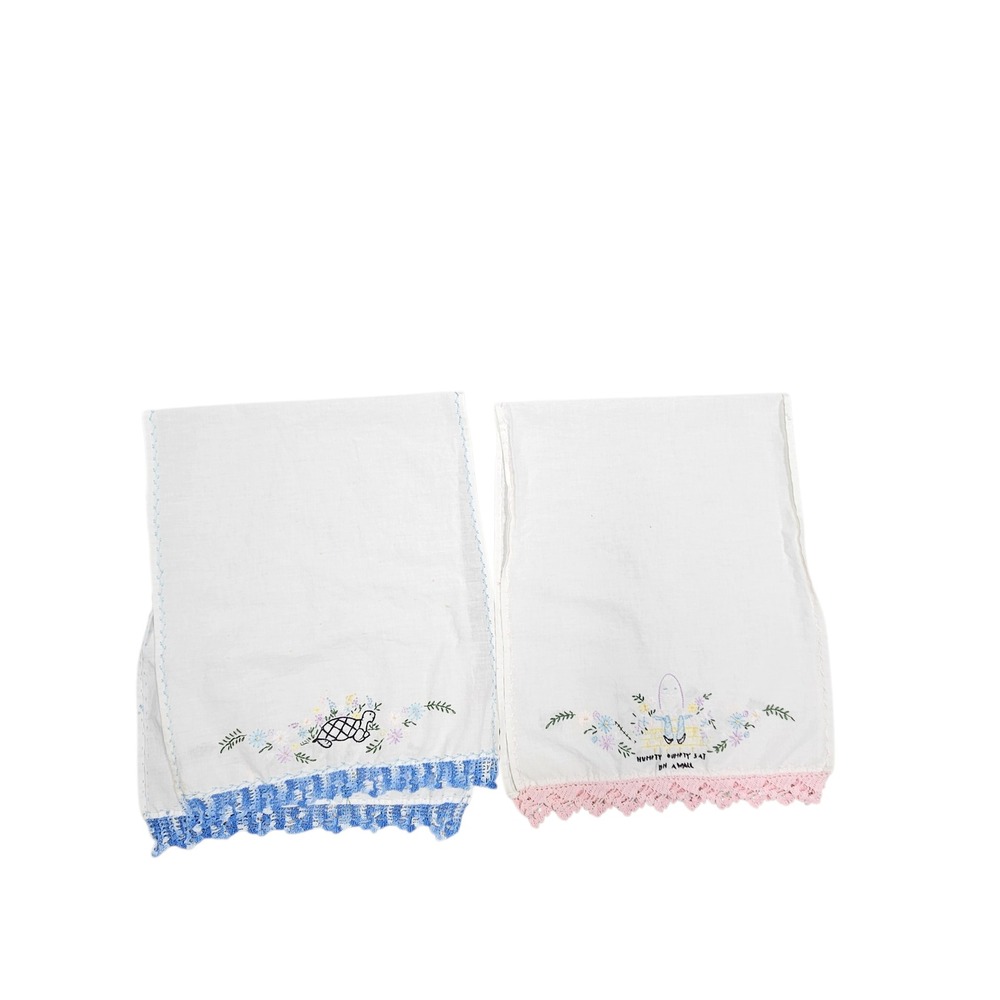 Embroidered Cotton Hand Towels Set of 2 Turtle Humpty Dumpty Pink Blue Lace Trim